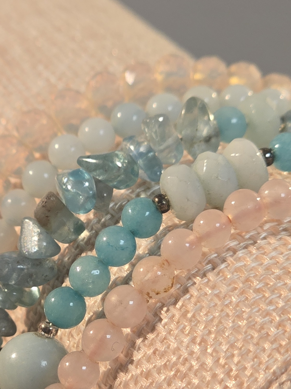 (5 )Mixed Pastel Bead Stack Bracelets — Aquamarine & Blush Pink